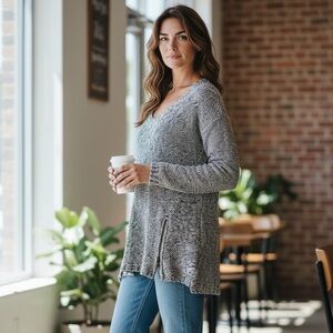 Quinn Black & Cream Knit Top Zipper Front Long Sleeve